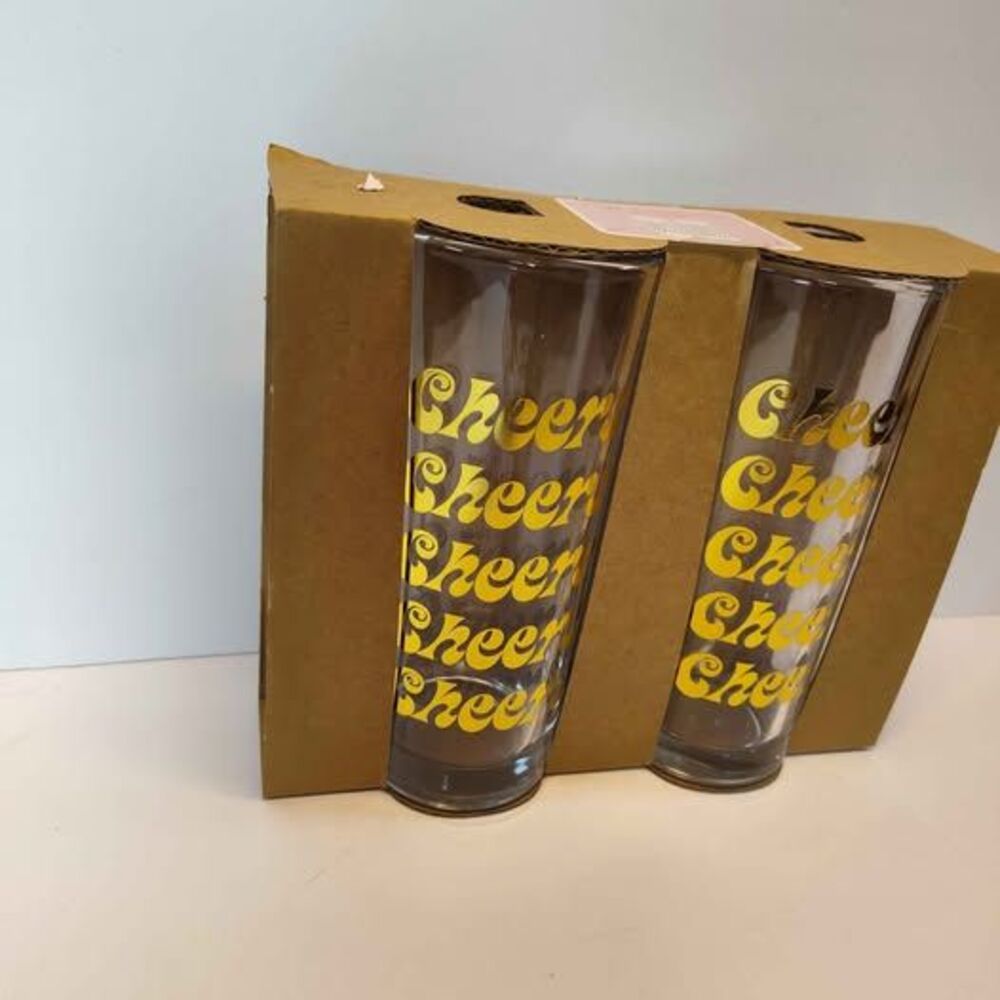 Gold Print Cheers Clear 6" Tall Drinking Glasses Pack of 2 Barware NEW